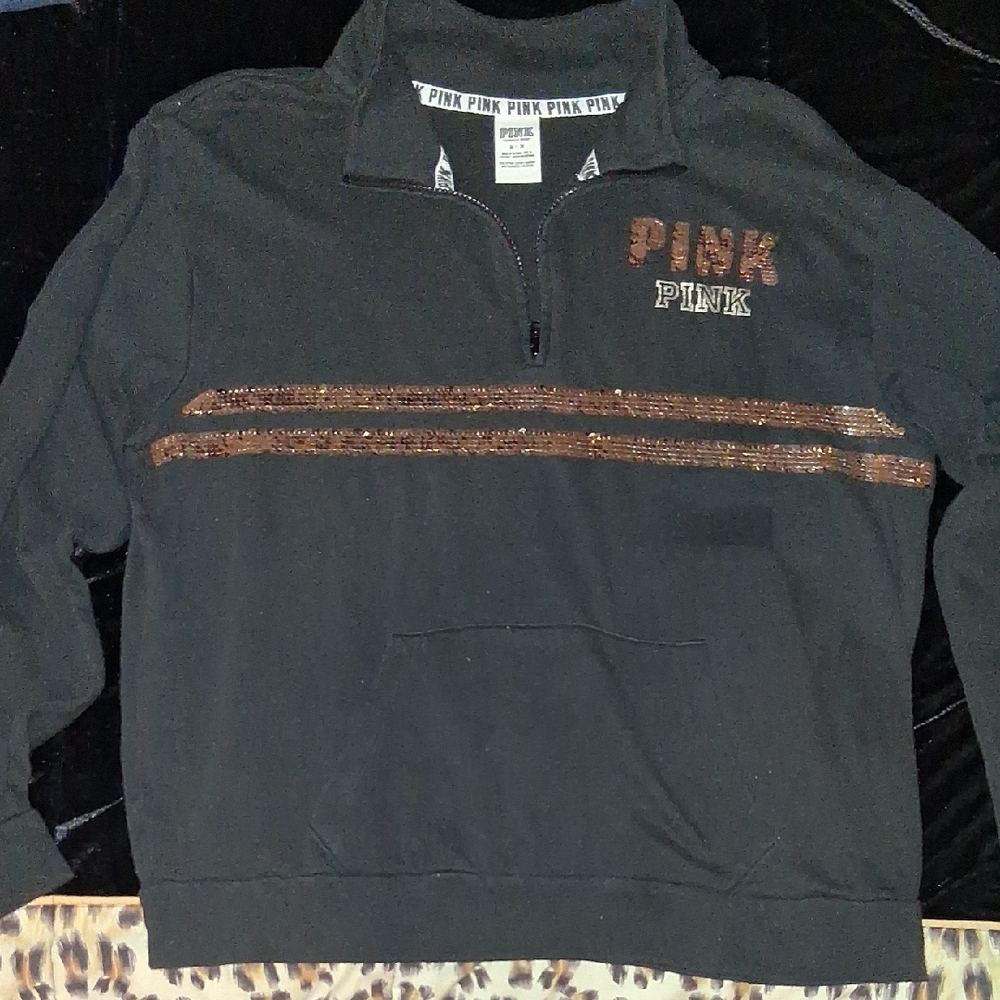 PINK Victoria's Secret Black Half-Zip Sweater with Bronze Sequin Trim